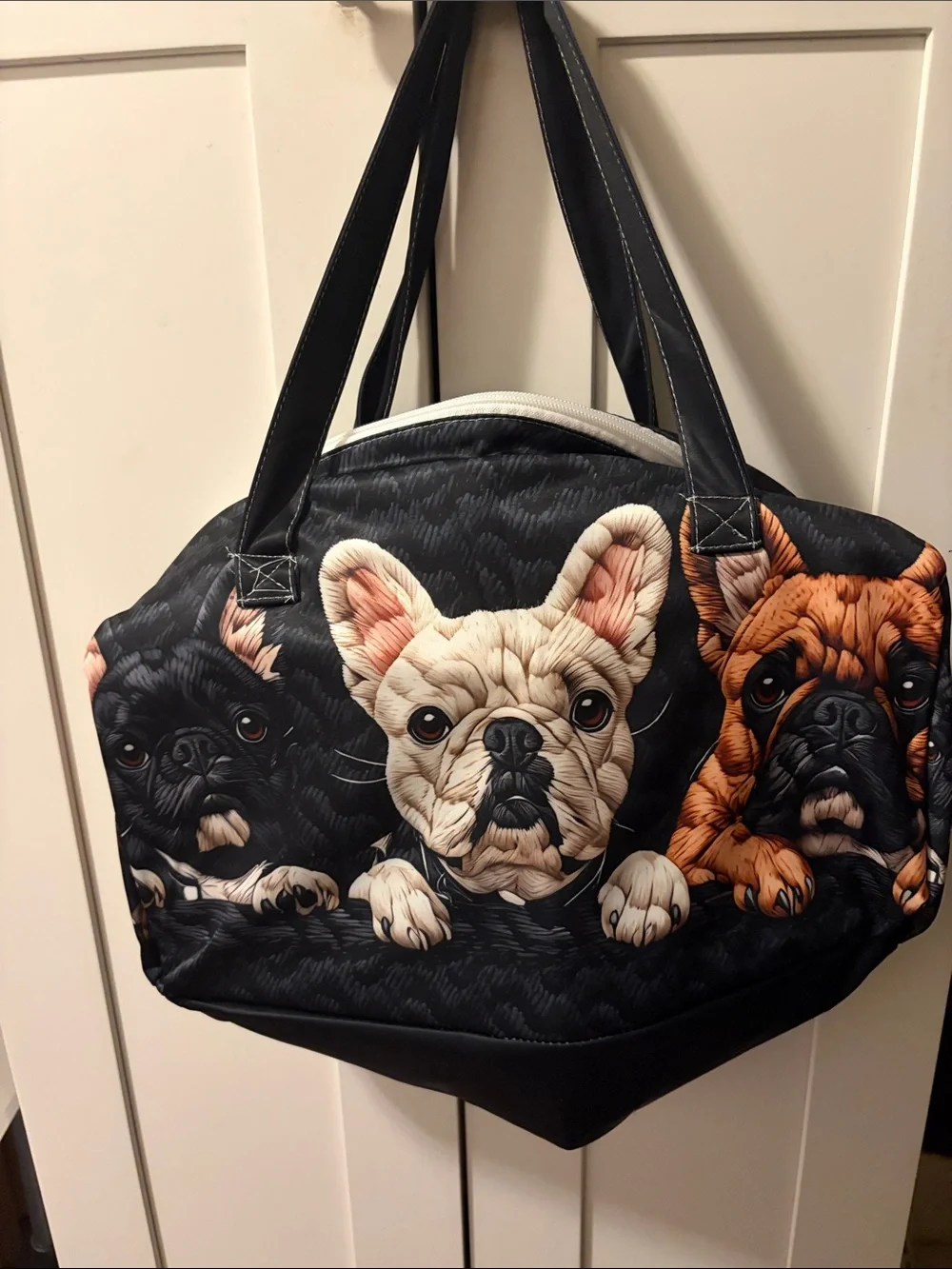French Bulldog Quilted Print Tote Bag - Black, Cream & Brown Large New.